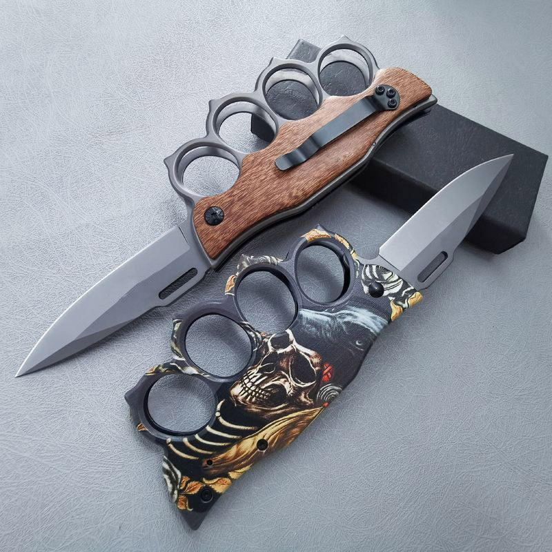 Wooden Handle Folding Outdoor Pocket Four Holes EDC Knife