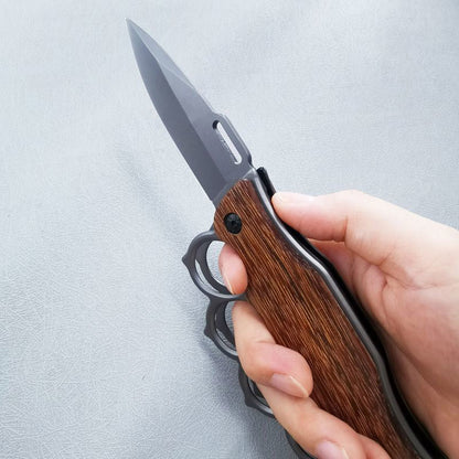 Wooden Handle Folding Outdoor Pocket Four Holes EDC Knife