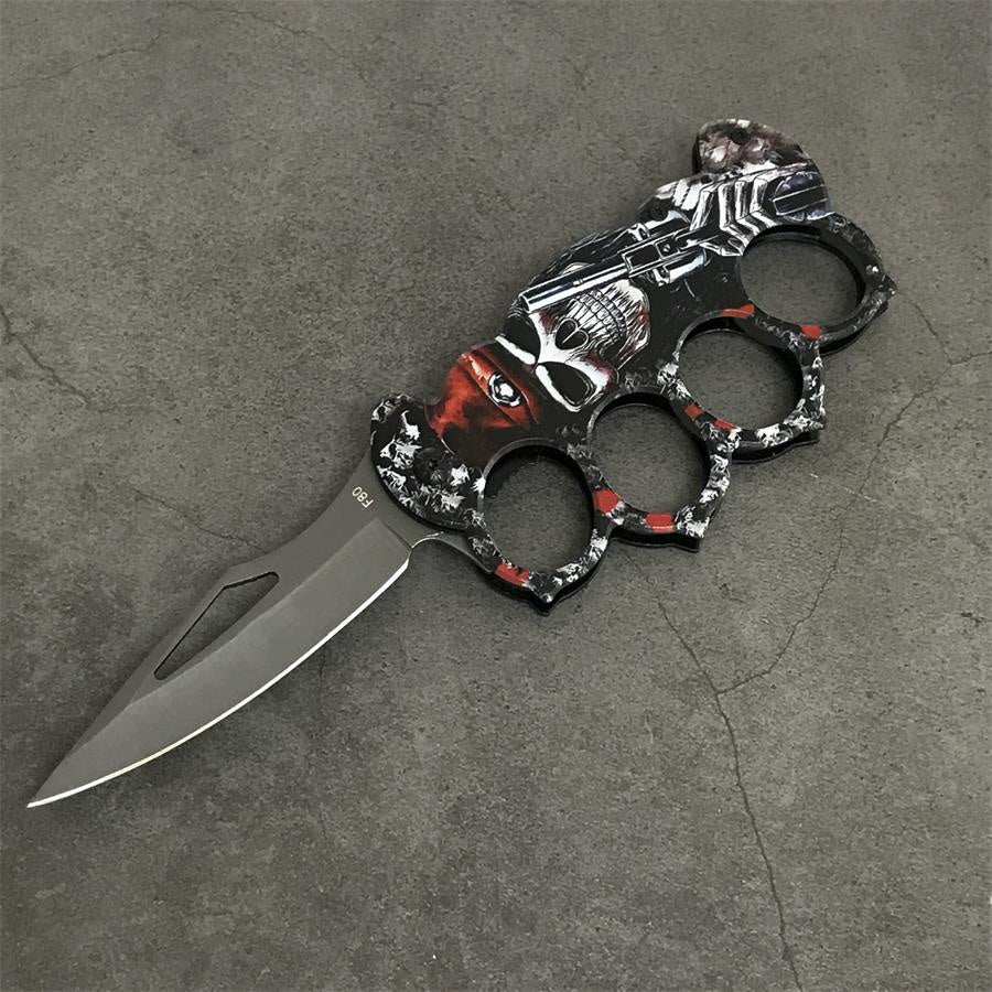 Outdoor Folding Four Hole Carbon Steel Handle Knuckle Dusters Knife